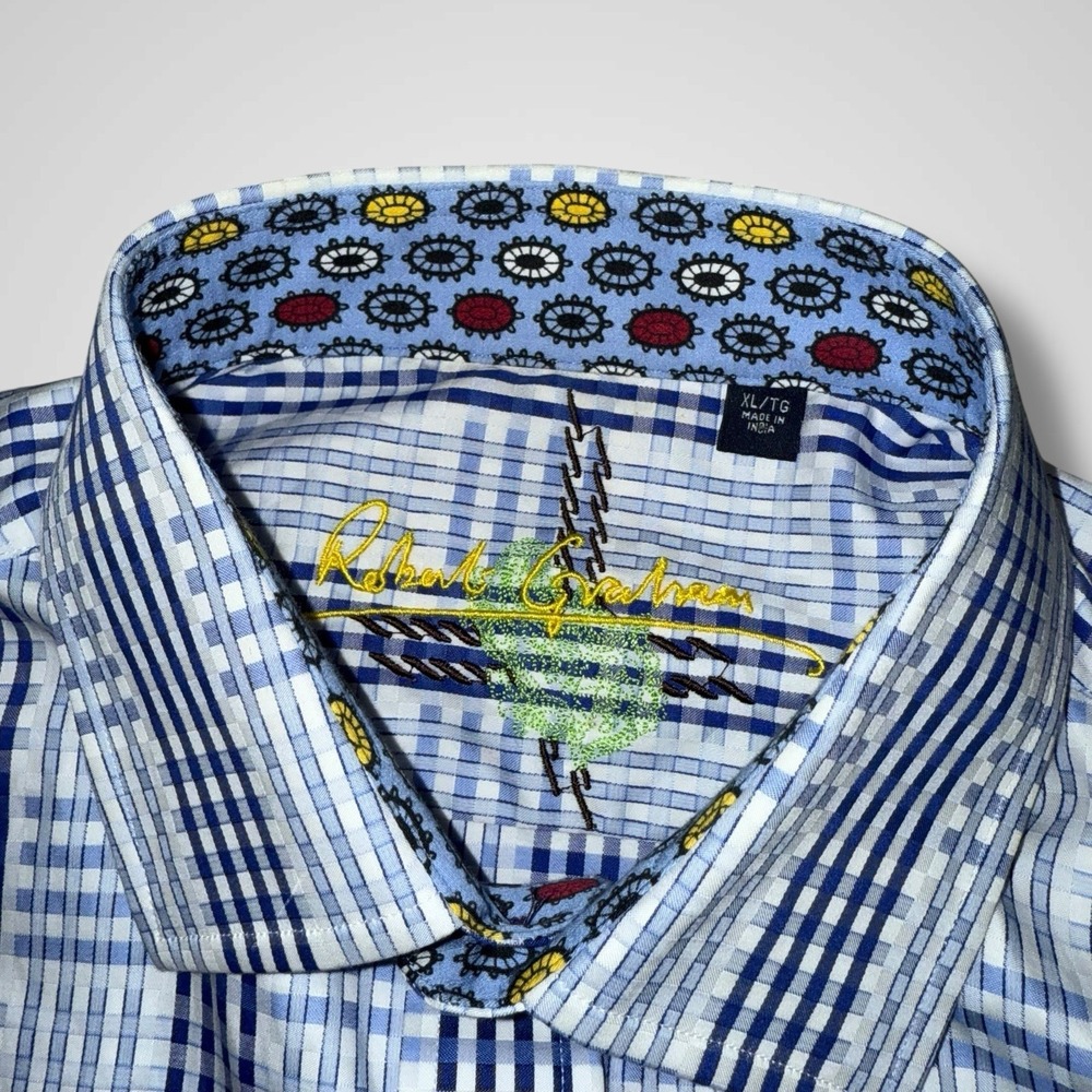 Robert Graham Shirt Mens XL Blue Plaid Check Long Sleeve Funky Crazy Flip Cuff - Picture 8 of 14